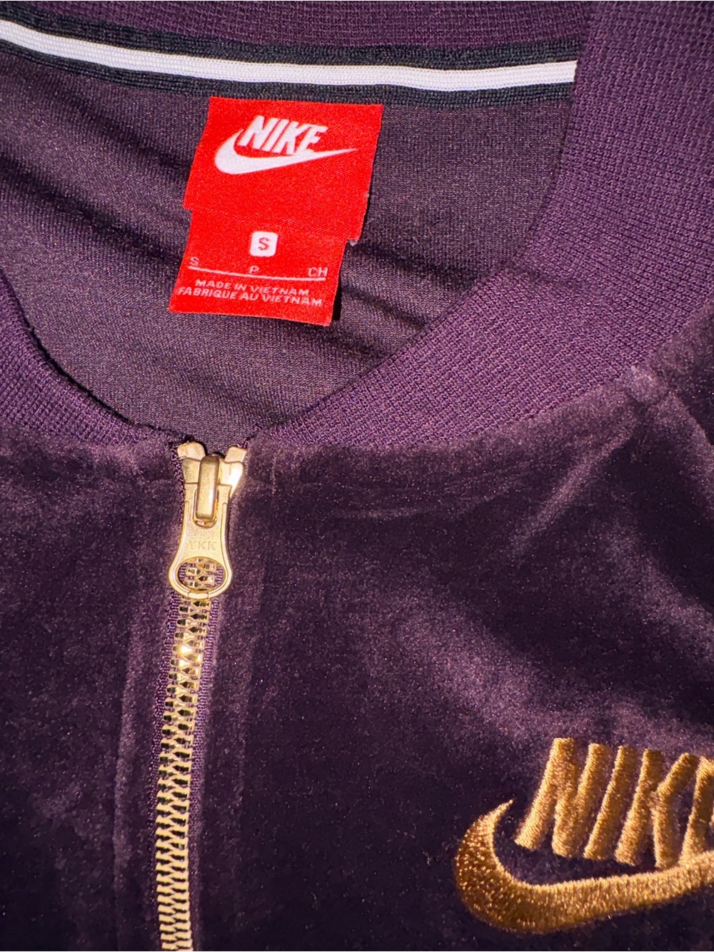 Nike Women's Velvet Zip-Up Jacket in Deep Plum with Gold Embroidery